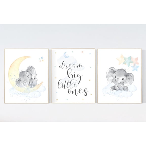 UNFFRAMED Luvia Set of 3 Elephant Moon and Stars Nursery Poster Set Gender Neutral Twin Baby Room Decor Prints Set 3 Prints 20x30