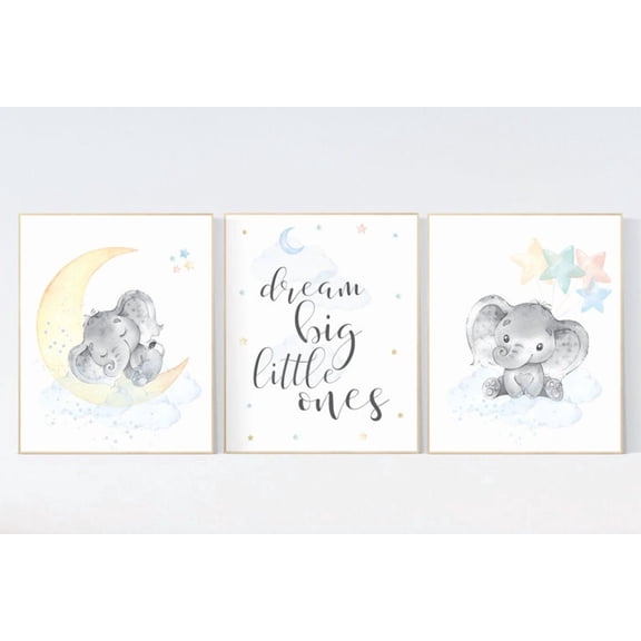 UNFFRAMED Luvia Set of 3 Elephant Moon and Stars Nursery Poster Set Gender Neutral Twin Baby Room Decor Prints Set 3 Prints 8x12