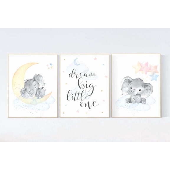 UNFFRAMED Luvia Set of 3 Elephant Moon and Stars Nursery Poster Set Gender Neutral Twin Baby Room Decor Prints Set 3 Prints 8x12
