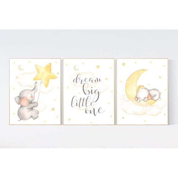 UNFFRAMED Luvia Set of 3 Elephant Moon and Stars Nursery Poster Set Yellow Cloud Gender Neutral Baby Room Decor Set 3 Prints 12x18