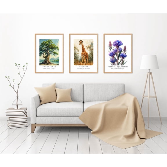 UNFFRAMED Luvia Set of 3 Equatorial Guinea National Symbols Poster, Giraffe, Vernonia Flower, and Kapok Tree Wall Art Decor Set 3 Prints 16x24