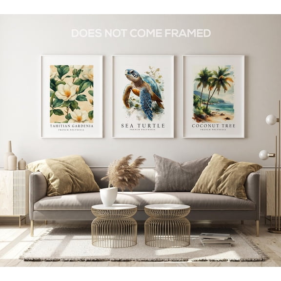 UNFFRAMED Luvia Set of 3 French Polynesia National Symbols Poster, Sea Turtle, Gardenia, and Coconut Tree Wall Art Decor Set 3 Prints 16x24
