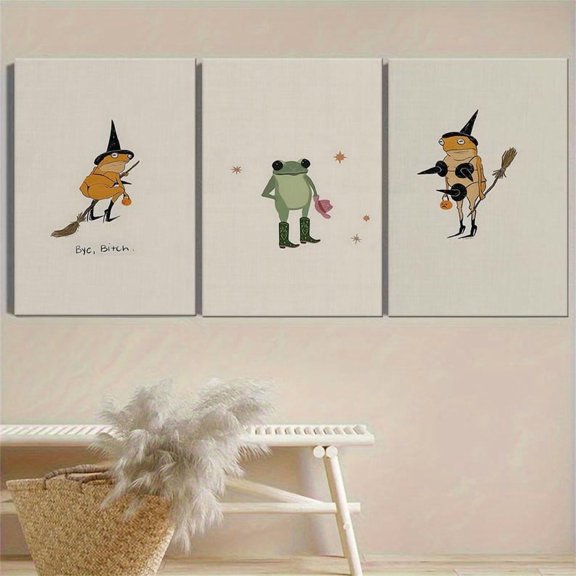UNFFRAMED Luvia Set of 3 Frog Witch Wall Art, Whimsical Animal Poster, Cute Frog Print, Retro Wall Decor Set 3 Prints 12x18