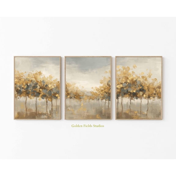 UNFFRAMED Luvia Set of 3 Golden Tree Autumn Wall Art Prints Neutral Gold Leaf Forest Minimalist Triptych Poster Set 3 Prints 16x24
