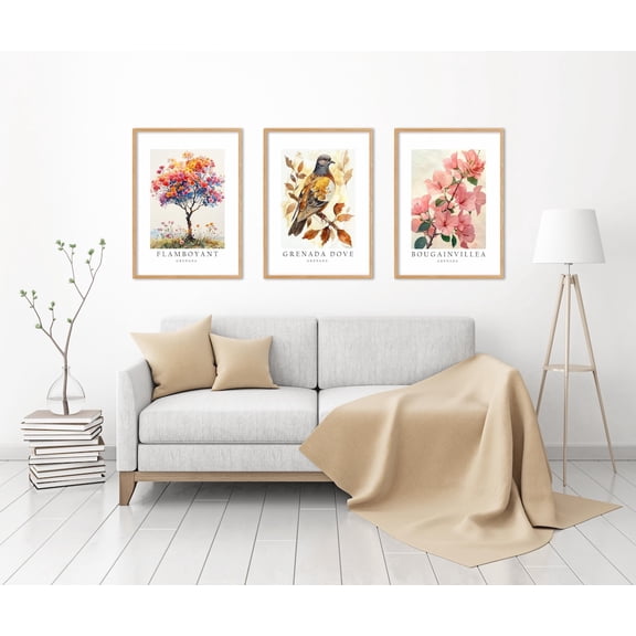 UNFFRAMED Luvia Set of 3 Grenada National Symbols Poster, Dove, Bougainvillea, and Flamboyant Tree Wall Art Decor Set 3 Prints 8x12