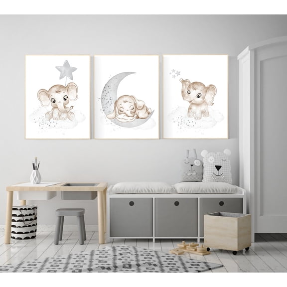 UNFFRAMED Luvia Set of 3 Grey Elephant Nursery Poster Set Neutral Baby Room Decor Twin Nursery Prints Set 3 Prints 8x12