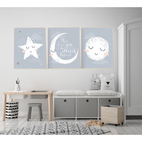 UNFFRAMED Luvia Set of 3 Grey Moon and Stars Nursery Poster Set Neutral Baby Room Decor Prints Set 3 Prints 12x18