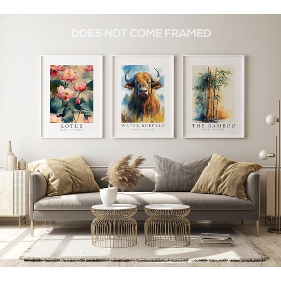 UNFFRAMED Luvia Set of 3 Hanoi, Vietnam National Symbols Poster Prints, Water Buffalo, Lotus, and Bamboo Tree Wall Art Decor Set 3 Prints 16x24
