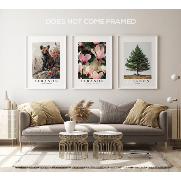 UNFFRAMED Luvia Set of 3 Lebanon National Symbols Poster, Striped Hyena, Cyclamen, and Cedar Tree Wall Art Decor Set 3 Prints 20x30