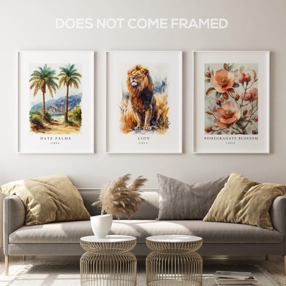 UNFFRAMED Luvia Set of 3 Libya National Symbols Poster, lion, Pomegranate Blossom, and Date Palm Tree Wall Art Decor Set 3 Prints 12x18