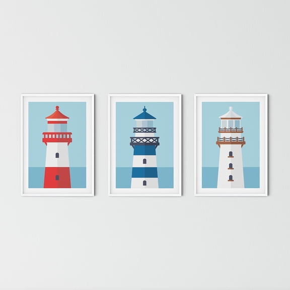 UNFFRAMED Luvia Set of 3 Lighthouse Prints, Minimal Nautical Wall Art, Seaside Poster, Beach Decor, Coastal Nursery Print Set 3 Prints 20x30