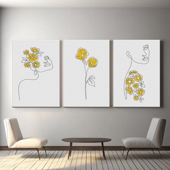 UNFFRAMED Luvia Set of 3 Minimalist Line Art Wall Art, Abstract Woman Flower Poster, Yellow Floral Print, Modern Boho Wall Decor Set 3 Prints 8x12