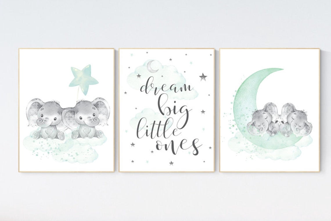 UNFFRAMED Luvia Set of 3 Mint Green Elephant Nursery Wall Art Prints ...