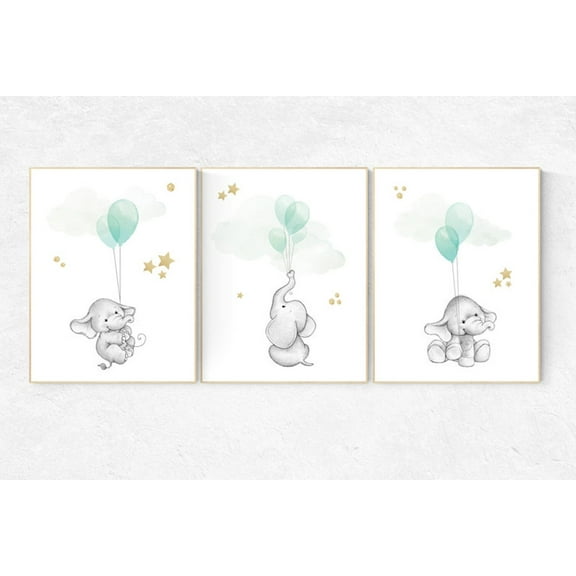 UNFFRAMED Luvia Set of 3 Mint and Gold Elephant Nursery Wall Art Prints Neutral Baby Room Decor Animals Gender Neutral Mint Green Set 3 Prints 8x12