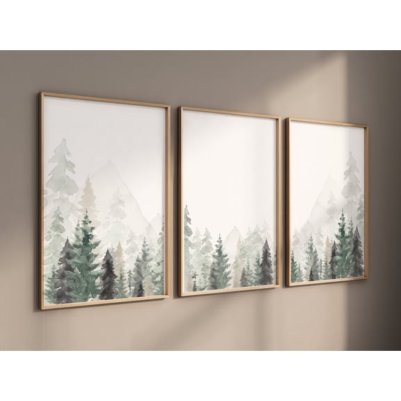 UNFFRAMED Luvia Set of 3 Mountain Adventure Poster Wall Art, Forest Tree Woodland Animal Prints for Sage Green Nursery Decor Set 3 Prints 8x12