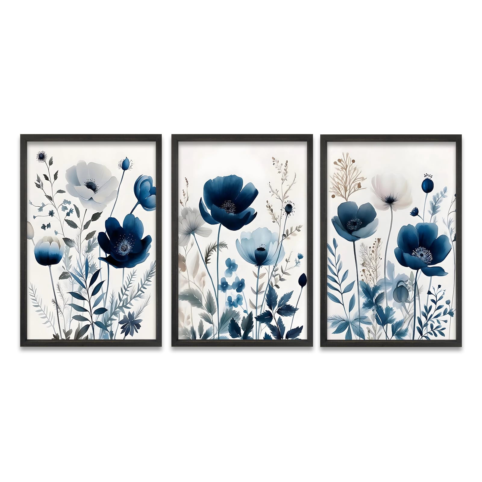 UNFFRAMED Luvia Set of 3 Navy Blue Flower Wall Art Poster Floral Lily ...