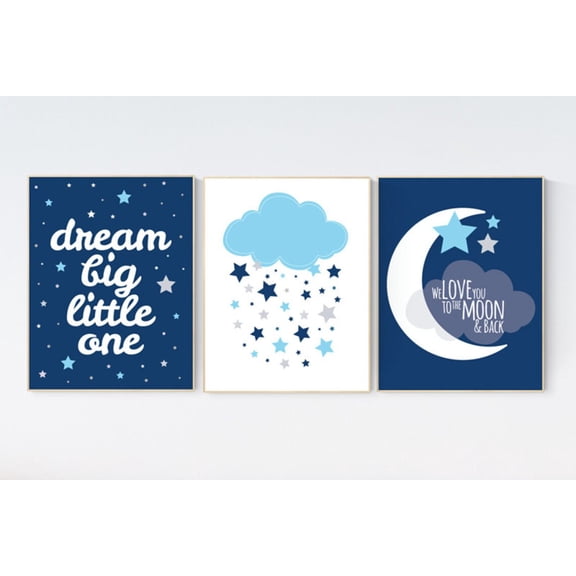 UNFFRAMED Luvia Set of 3 Navy Blue Nursery Poster, Dream Big Little One Theme, Cloud and Stars Baby Room Decor for Boys Set 3 Prints 20x30