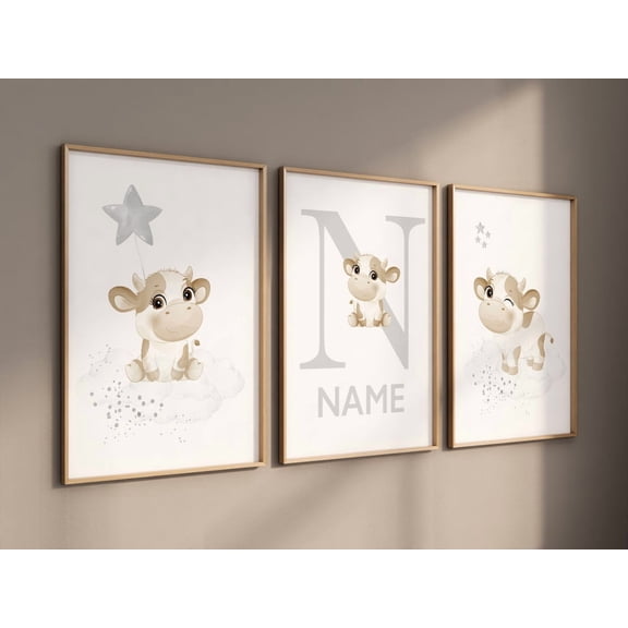 UNFFRAMED Luvia Set of 3 Neutral Gray Nursery Poster Cow Moon and Stars Wall Art Gender Neutral Baby Room Decor Set 3 Prints 16x24