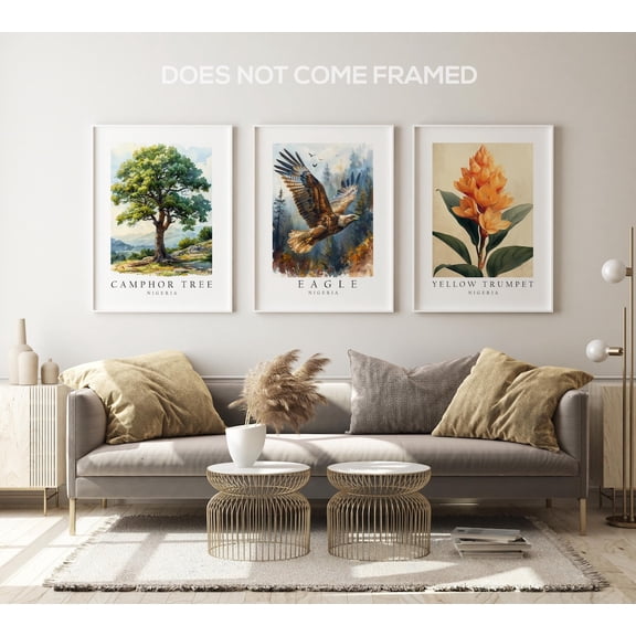 UNFFRAMED Luvia Set of 3 Nigeria National Symbols Poster Wall Art, Eagle Trumpet Flower and Camphor Tree Prints for Home Decor Set 3 Prints 8x12