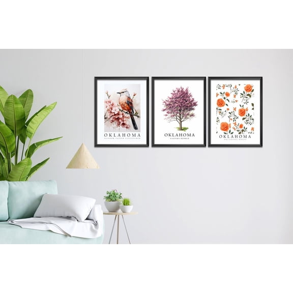 UNFFRAMED Luvia Set of 3 Oklahoma State Symbols Poster Wall Art, Flycatcher Redbud and Rose Prints for Home Decor Set 3 Prints 16x24