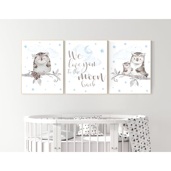 UNFFRAMED Luvia Set of 3 Owl Nursery Poster, Blue Baby Room Decor for Boys, Cute Owl Theme, Woodland Animal Nursery Prints Set 3 Prints 8x12