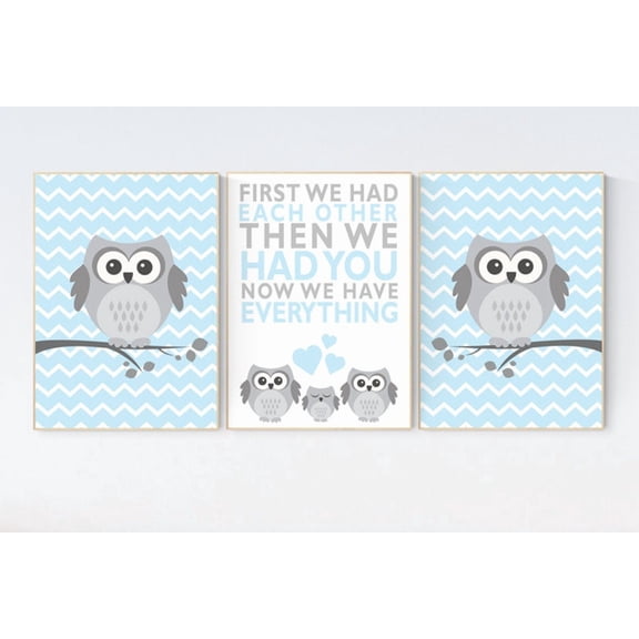 UNFFRAMED Luvia Set of 3 Owl Nursery Poster, Blue Gray Baby Boy Room Decor, Woodland Animal Theme, Cute Owl Nursery Prints Set 3 Prints 8x12