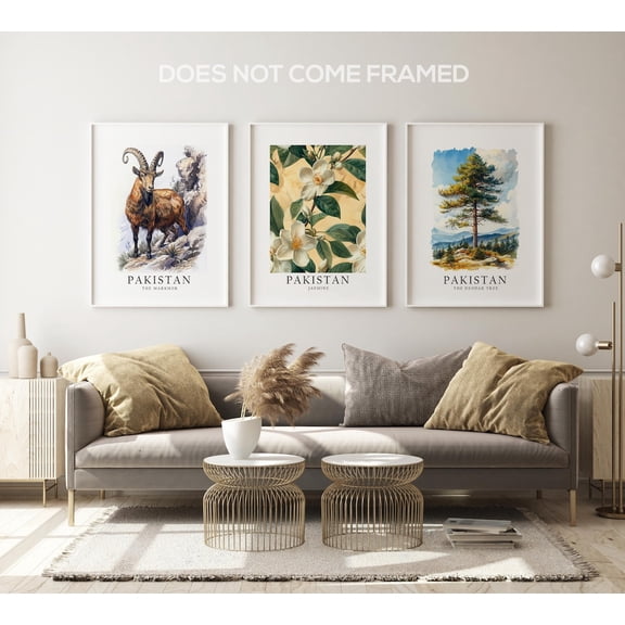 UNFFRAMED Luvia Set of 3 Pakistan National Symbols Poster Prints, Markhor, Jasmine, and Deodar Tree Wall Art Decor Set 3 Prints 12x18