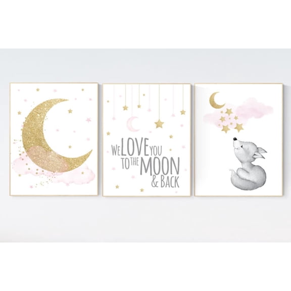 UNFFRAMED Luvia Set of 3 Pink and Gold Woodland Fox Nursery Wall Art Prints Moon and Stars Baby Room Decor for Girls Set 3 Prints 8x12