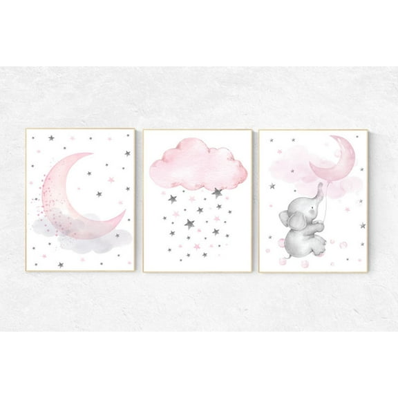 UNFFRAMED Luvia Set of 3 Pink and Gray Elephant Nursery Wall Art Prints Baby Room Decor Cloud and Stars for Girls Set 3 Prints 8x12