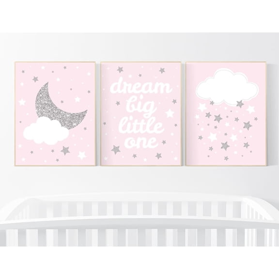 UNFFRAMED Luvia Set of 3 Pink and Silver Nursery Poster, Baby Girl Room Decor, Cloud and Stars Theme, Modern Nursery Wall Prints Set 3 Prints 16x24