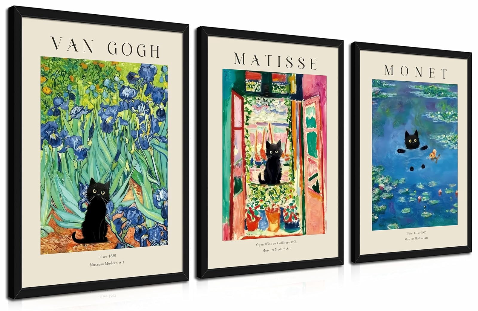 UNFFRAMED Luvia Set of 3 Poster Wood Monet Wall Art – Black Cat Flower ...