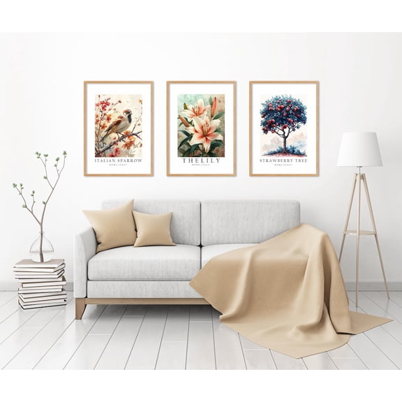 UNFFRAMED Luvia Set of 3 Rome, Italy National Symbols Poster Prints, Italian Sparrow, Lily, and Strawberry Tree Wall Art Decor Set 3 Prints 8x12