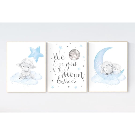 UNFFRAMED Luvia Set of 3 Sheep Nursery Poster, Blue Baby Boy Room Decor, Moon and Cloud Theme, Modern Nursery Wall Prints Set 3 Prints 16x24