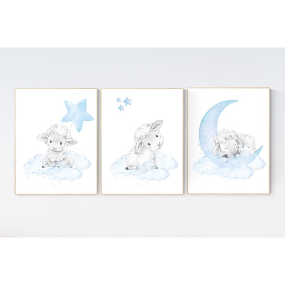 UNFFRAMED Luvia Set of 3 Sheep Nursery Poster, Blue Baby Boy Room Decor, Moon and Cloud Theme, Modern Nursery Wall Prints Set 3 Prints 8x12