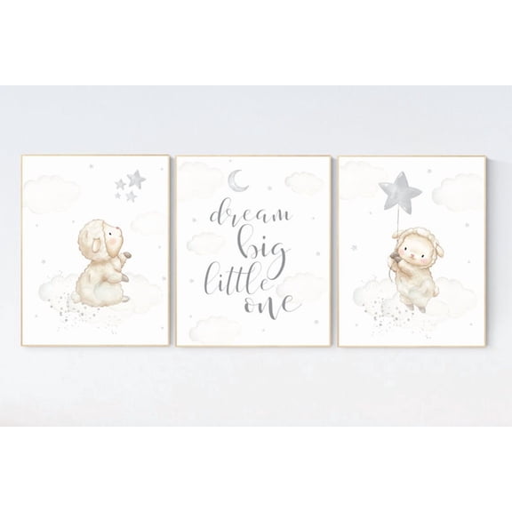 UNFFRAMED Luvia Set of 3 Sheep Nursery Poster Gray Lamb and Cloud Wall Art Gender Neutral Baby Room Decor Set 3 Prints 16x24