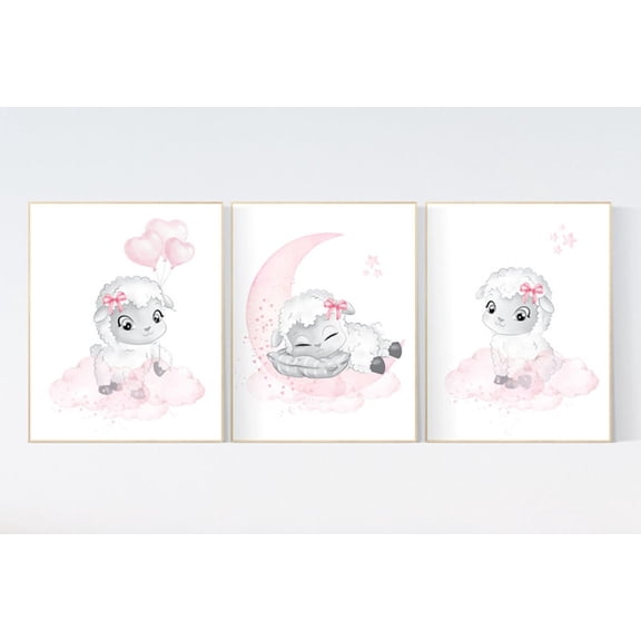 UNFFRAMED Luvia Set of 3 Sheep Nursery Wall Art Prints Moon and Cloud Baby Room Decor for Girls Set 3 Prints 16x24
