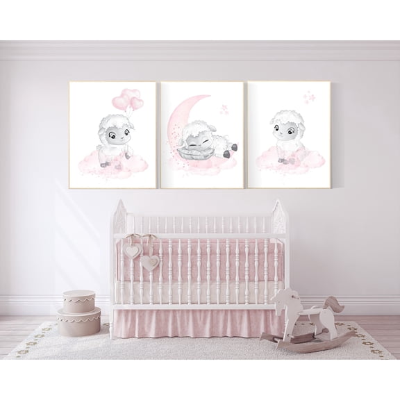 UNFFRAMED Luvia Set of 3 Sheep and Moon Poster Wall Art, Lamb Cloud Prints for Girls Nursery and Baby Room Decor Set 3 Prints 16x24