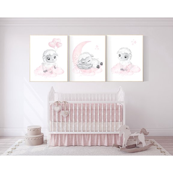 UNFFRAMED Luvia Set of 3 Sheep and Moon Poster Wall Art, Lamb Cloud Prints for Girls Nursery and Baby Room Decor Set 3 Prints 8x12