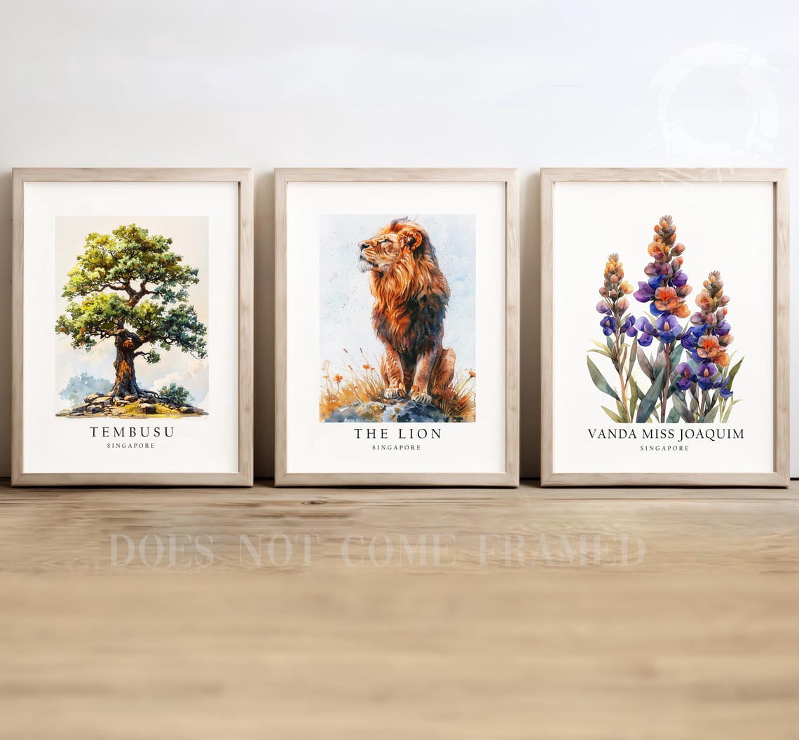 UNFFRAMED Luvia Set of 3 Singapore National Symbols Poster Wall Art ...