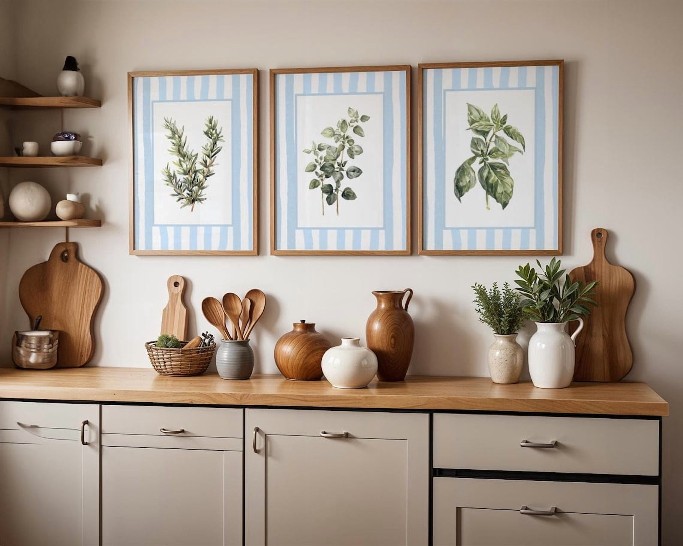 UNFFRAMED Luvia Set of 3 Striped Kitchen Herb Prints, Antique Art with ...
