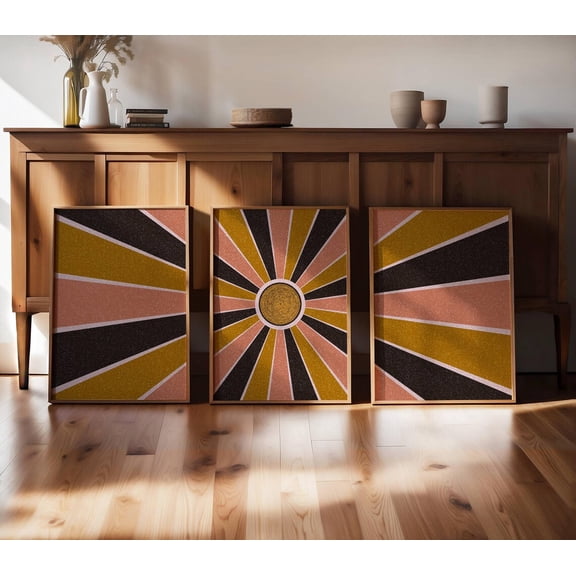 UNFFRAMED Luvia Set of 3 Sunburst Triptych Wall Art Funky 70s Aesthetic Bold Geometric Poster Set Retro Mid Century Style Set 3 Prints 8x12