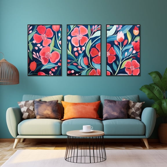 UNFFRAMED Luvia Set of 3 Vibrant Floral Prints Poster, Colorful Flower Triptych, Stylish Botanical Art for Modern Home Decor Set 3 Prints 20x30
