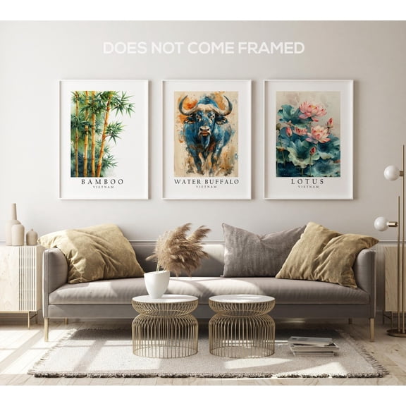 UNFFRAMED Luvia Set of 3 Vietnam National Symbols Poster Wall Art, Buffalo Lotus and Bamboo Prints for Home Decor Set 3 Prints 16x24