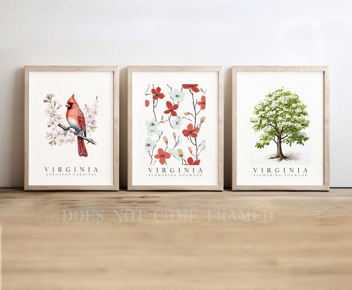 Virginia Cardinal Sign UNFFRAMED Luvia Set of 3 Virginia State Symbols Poster, Northern ...