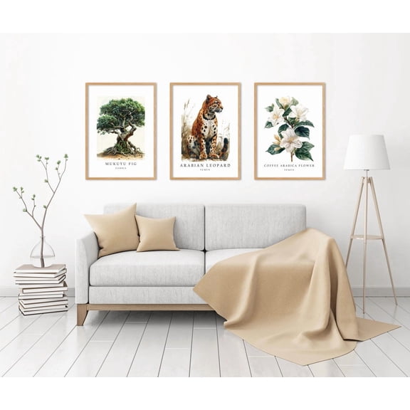 UNFFRAMED Luvia Set of 3 Yemen National Symbols Poster, Arabian Leopard, Coffee Flower, and Dragon Tree Wall Art Decor Set 3 Prints 20x30