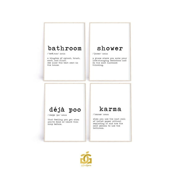 UNFFRAMED Luvia Set of 4 Bathroom Definitions Prints, Karma, Deja Poo, Bathroom Signs, Bathroom Wall Decor Set 4 Prints 8x12