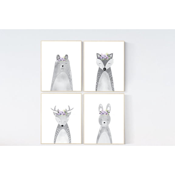 UNFFRAMED Luvia Set of 4 Purple Woodland Animal Nursery Poster Set Lilac Lavender Grey Baby Room Prints Set 4 Prints 16x24