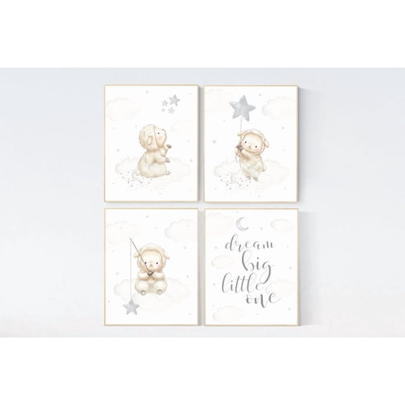 UNFFRAMED Luvia Set of 4 Sheep Nursery Poster Gray Lamb Cloud Wall Art Gender Neutral Baby Room Decor for Twins Set 4 Prints 12x18