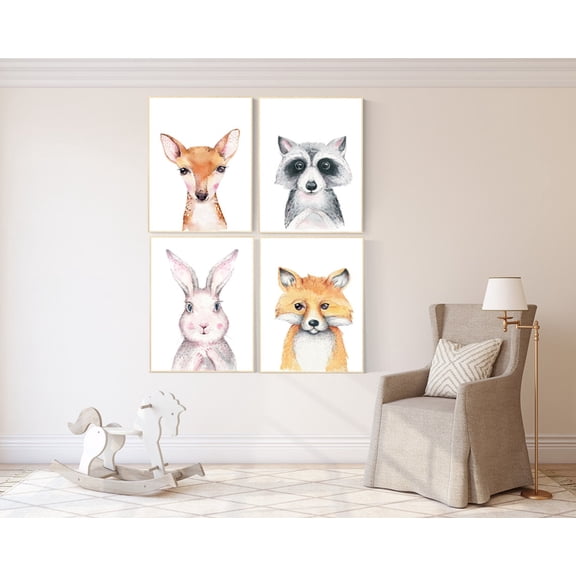 UNFFRAMED Luvia Set of 4 Woodland Animal Nursery Wall Art Prints Baby Room Decor Neutral Baby Animal Prints for Boys and Girls Set 4 Prints 8x12