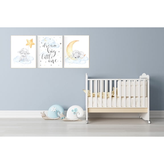 UNFFRAMED Luvia Sheep and Cloud Nursery Poster Set of 3, Blue and Yellow Gender Neutral Baby Room Decor, Dream Big Little One Prints Set 3 Prints 12x18